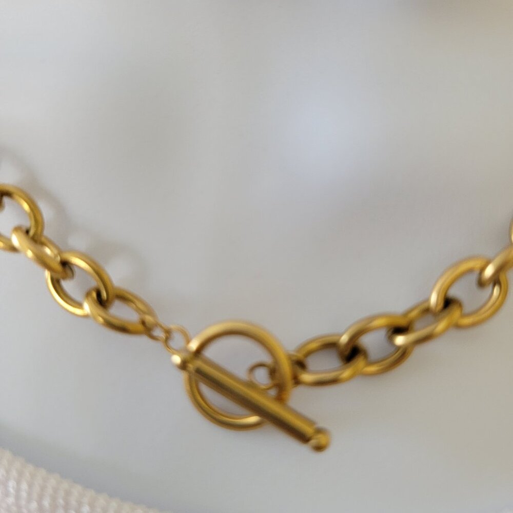 OT Buckle Cable Chain Choker Necklace Gold Tone Titanium Steel 15"  NEW - Picture 5 of 10